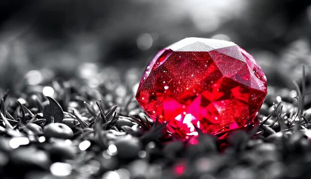 A vibrant red ruby rests on a bed of black and white grass.  Its brilliance contrasts sharply with the muted background.