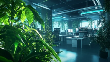Photorealistic image of a digital office with AI-controlled temperature, adaptive lighting, and greenery for a comfortable environment
