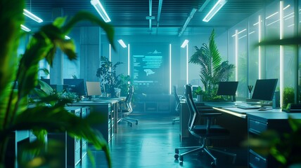 Photorealistic image of a digital office with AI-controlled temperature, adaptive lighting, and greenery for a comfortable environment

