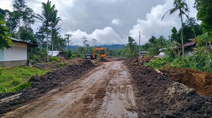 Construction of a road through a rural area with an excavator, trees and houses