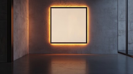Illuminated Square Frame on Concrete Wall with Polished Concrete Floor and Glass Window