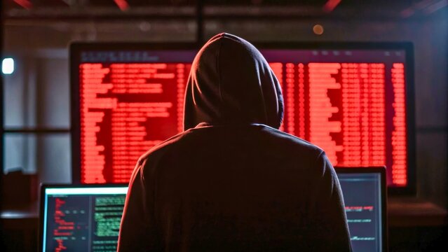 Dark Hoodie Figure Overlooking Computer Screens with Red Code in Cybersecurity Environment