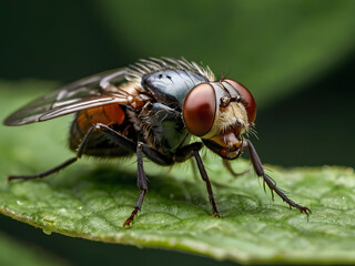 Naklejka premium Fly's Eye Close-up: An extreme close-up shot captures the intricate details of a common house fly's eye. The macro photography showcases the fly's red compound eyes in stunning detail.