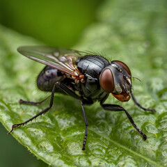 Fototapeta premium Black-bodied Fly on Green Leaf: A detailed macro photograph showcasing a black fly with reddish eyes perched on a vibrant green leaf.