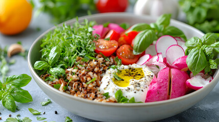 Healthy grain bowl with radish, tomato, and herbs