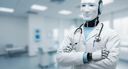 Humanoid robot doctor with stethoscope in a modern hospital