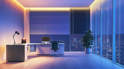 Photorealistic image of a futuristic tech-focused office with adaptive lighting and automated blinds controlled by AI
