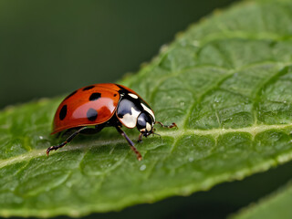 Obraz premium Ladybug on Leaf: A vibrant ladybug with its iconic red shell and black spots perches gracefully on a dewy green leaf, captured in a stunning macro photograph.