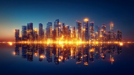 Fototapeta premium Illuminated Cityscape Reflecting In Still Water At Night