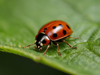 Fototapeta premium Seven-spotted Ladybug on Leaf: A detailed close-up of a seven-spotted ladybug (Coccinella septempunctata) perched on a vibrant green leaf, showcasing its distinctive red shell with black spots. 