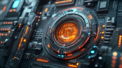 Futuristic prismatic energy cell integrated into high-tech control panel. Radiant Spire. Illustration