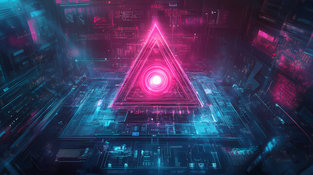 Futuristic prismatic energy cell integrated into high-tech control panel. Radiant Spire. Illustration