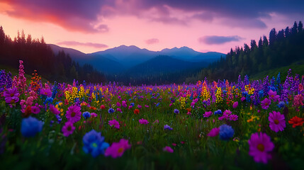 Obraz premium Vibrant wildflowers at sunset, mountain backdrop, idyllic nature scene