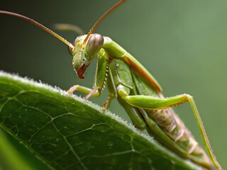 Green Praying Mantis on Leaf: A vibrant green praying mantis, perched on a lush leaf, stares intently with large, multifaceted eyes.