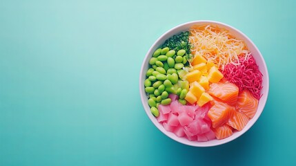 Vibrant Bowl of Fresh Vegetables and Juicy Meat on a Bright Blue Background Showcasing Culinary Artistry