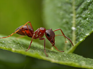 Red Ant on a Leaf: A detailed close-up reveals a vibrant red ant perched on a dew-kissed green leaf, its intricate details sharply in focus.