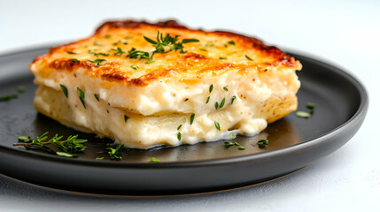 Creamy potato gratin, thyme garnish, dark plate, white background, food photography