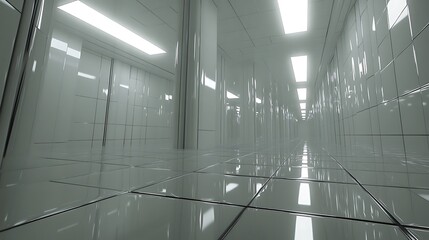 A long white hallway with bright lights and glossy floor