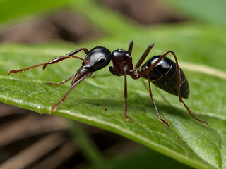 Black Ant on Leaf: A detailed close-up of a large black ant, showcasing its intricate body structure and powerful mandibles, as it walks across a vibrant green leaf.