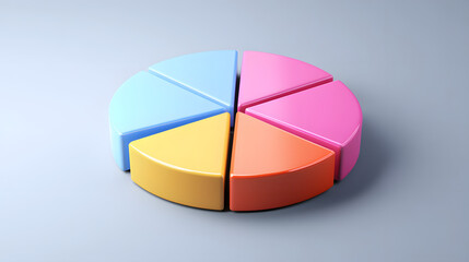 Three-dimensional pie chart with colorful segments on gray gradient backdrop