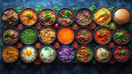 Fototapeta premium Variety of International Cuisine Dishes in Black Bowls on Dark Background