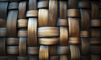 Obraz premium A close-up of a woven texture showcasing intricate patterns and warm wooden tones.