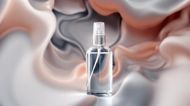 A clear glass perfume bottle with a spray top sits on an abstract background of swirling pink and grey fabric.