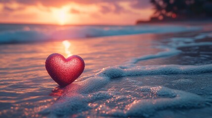 Fototapeta premium A Red Heart Rests On A Beach At Sunset, The Waves Gently Lapping Around It. It'S A Romantic And Peaceful Scene, Perfect For A Dreamy Vibe.