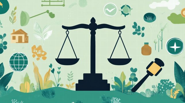 Balanced Justice Concept with Green Nature Elements and Icons