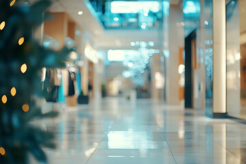 Abstract blurred view of a luxury shopping mall interior with defocused lights reflecting on the glossy floor