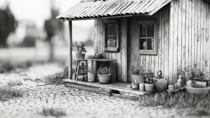 Monochrome miniature rustic cottage with potted plants on porch.