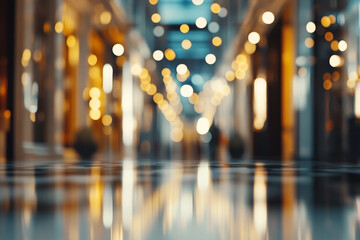 Abstract view of a luxury shopping mall interior with defocused lights and a reflective floor