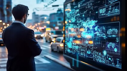 Businessman observing digital data display on street, urban traffic in background, futuristic technology