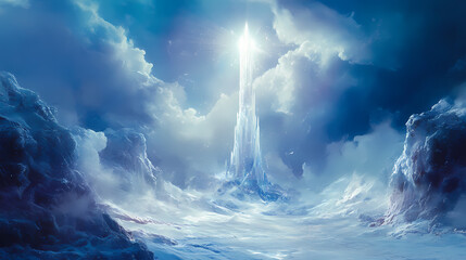 An enchanted crystal spire radiating light and ice on a frosty surface in a mystical realm, digital art of fantasy concept. Radiant Spire. Illustration
