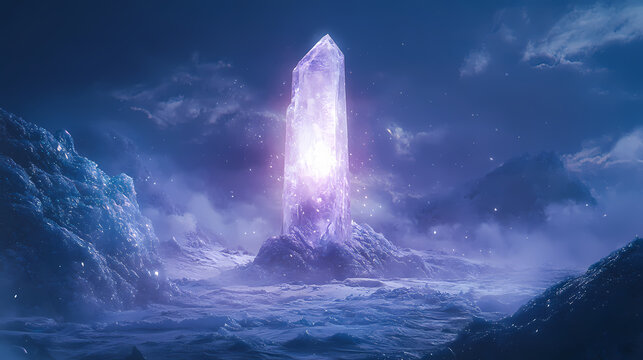 An enchanted crystal spire radiating light and ice on a frosty surface in a mystical realm, digital art of fantasy concept. Radiant Spire. Illustration