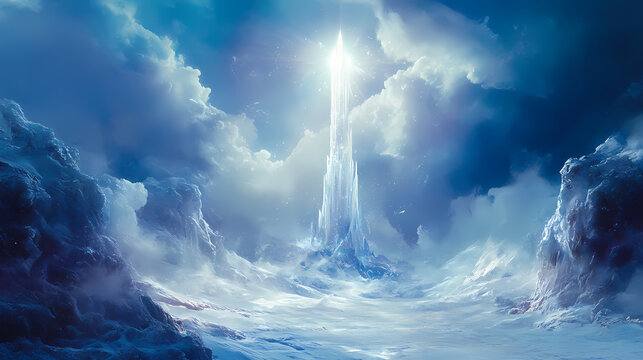 An enchanted crystal spire radiating light and ice on a frosty surface in a mystical realm, digital art of fantasy concept. Radiant Spire. Illustration
