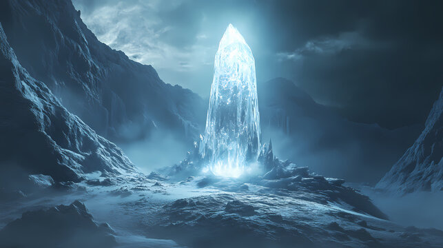 An enchanted crystal spire radiating light and ice on a frosty surface in a mystical realm, digital art of fantasy concept. Radiant Spire. Illustration