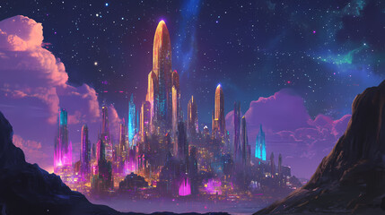 Obraz premium Crystal city under a starry night sky. Radiant Spire. Illustration