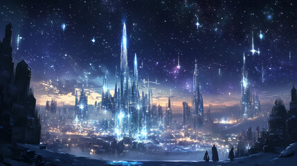 Fototapeta premium Crystal city under a starry night sky. Radiant Spire. Illustration