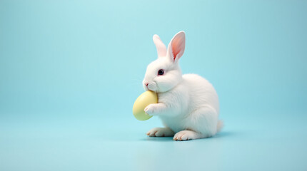 Fototapeta premium Studio shot of a cute white bunny rabbit holding a solid light easter egg, plain light blue background, minimalist style