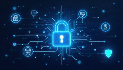 Cybersecurity event protecting digital assets in a technological landscape graphic illustration futuristic environment