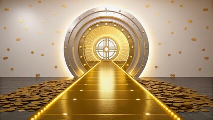 Golden Vault Entrance with Shiny Path and Coins in a Bright Reflective Space
