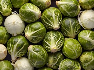 Fototapeta premium Brussels Sprouts Harvest: A vibrant close-up shot showcases a bountiful collection of fresh, green Brussels sprouts, their tightly packed leaves gleaming with freshness.
