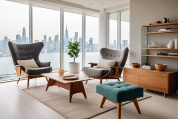 Stylishly designed living room with cozy furniture and panoramic city views