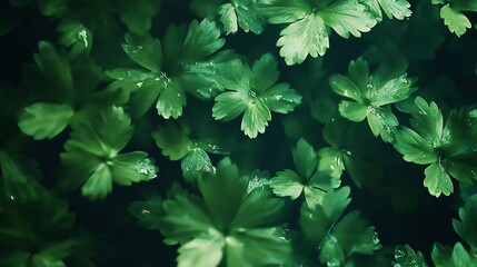 Close-up of vibrant green foliage with water droplets glistening under soft light