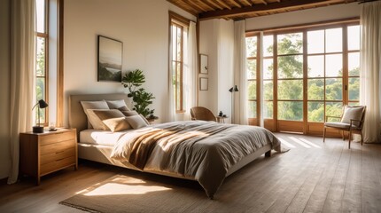 Sunlight streams into a peaceful room overlooking lush greenery 