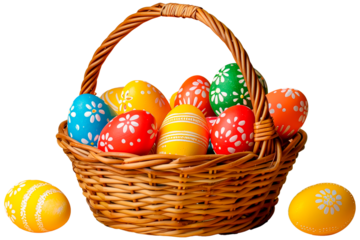 A wicker basket features chocolate Easter eggs adorned with floral motifs and lines in vibrant shades of blue, red, green and yellow. Two chocolate eggs rest outside of the basket.