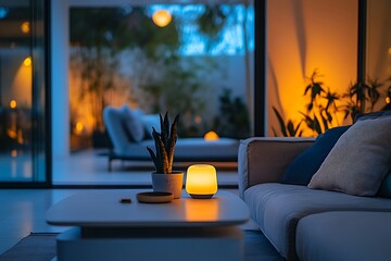 A stylish living room featuring contemporary decor and soft lighting sets a welcoming mood in the evening, ideal for unwinding and entertaining guests.