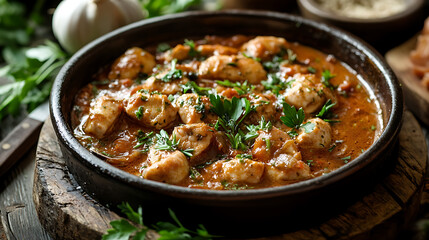 A close-up of a traditional dish being garnished with fresh herbs in a rustic kitchen setting 