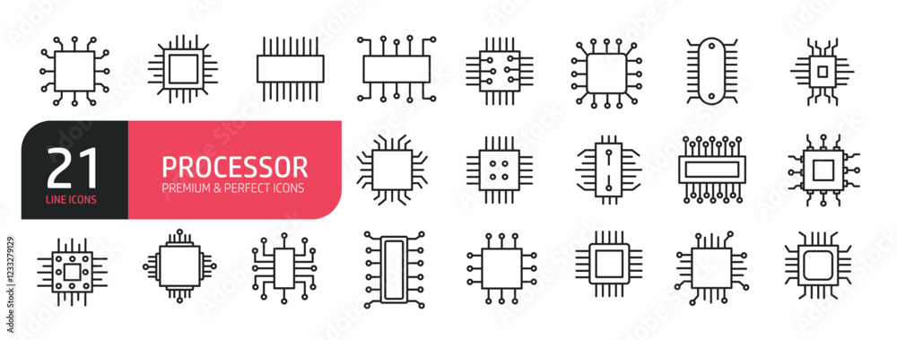 Fototapete set of line icons computer, processor, cpu, micro chip, electronic. outline icons collection. editab